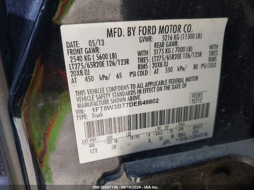 2013 Ford F-350 Lariat VIN: 1FT8W3BT7DEB49802 Lot: 39357130