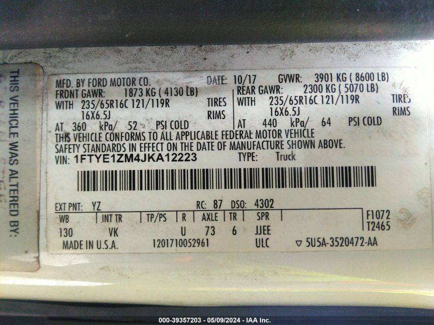 2018 Ford Transit-150 VIN: 1FTYE1ZM4JKA12223 Lot: 39357203