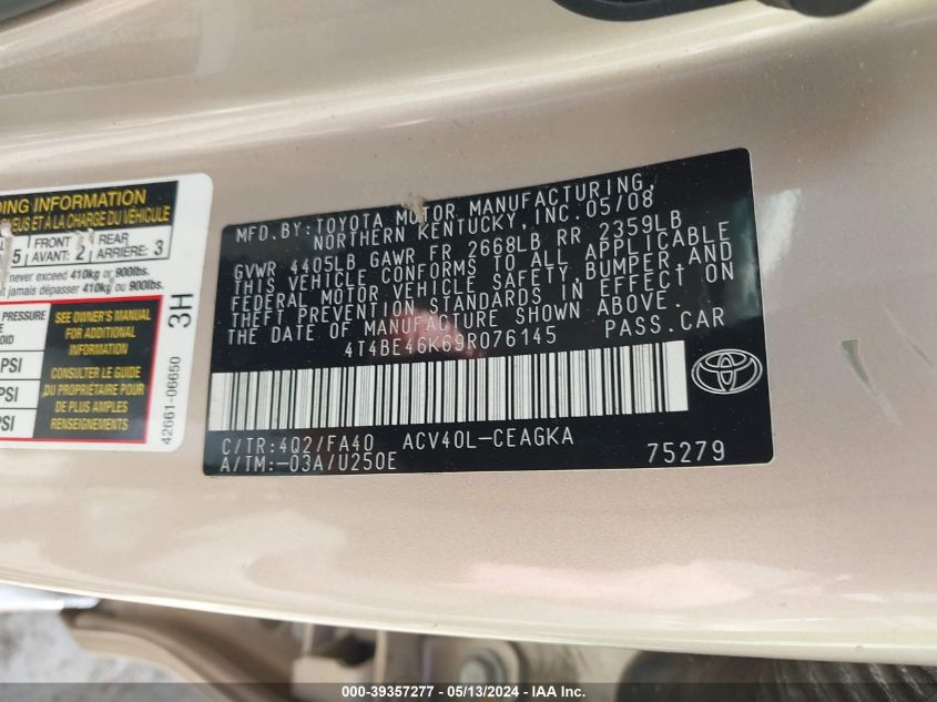 2009 Toyota Camry Le/Se/Xle VIN: 4T4BE46K69R076145 Lot: 39357277