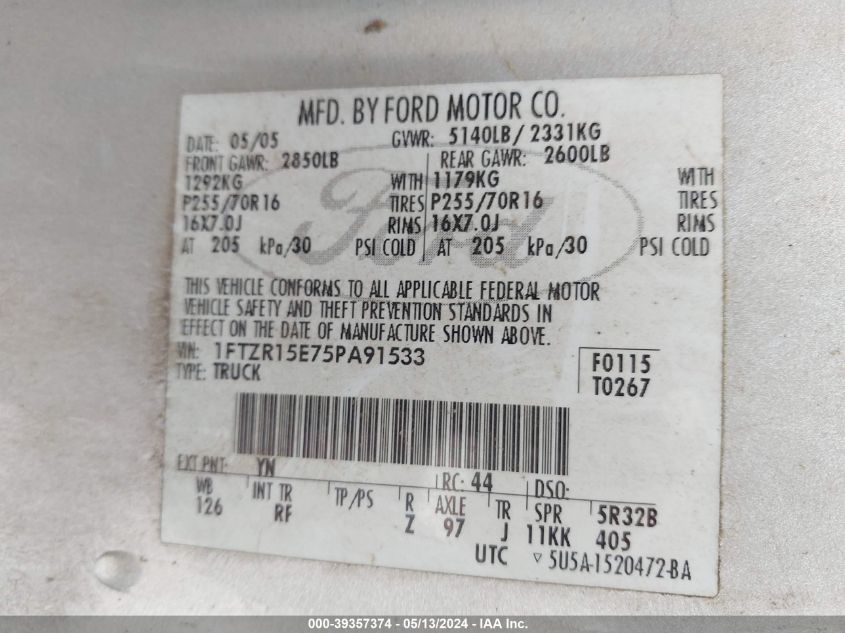 2005 Ford Ranger Edge/Xl/Xlt VIN: 1FTZR15E75PA91533 Lot: 39357374