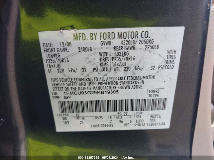 2009 Ford Escape Xlt VIN: 1FMCU03G29KB19305 Lot: 39357385