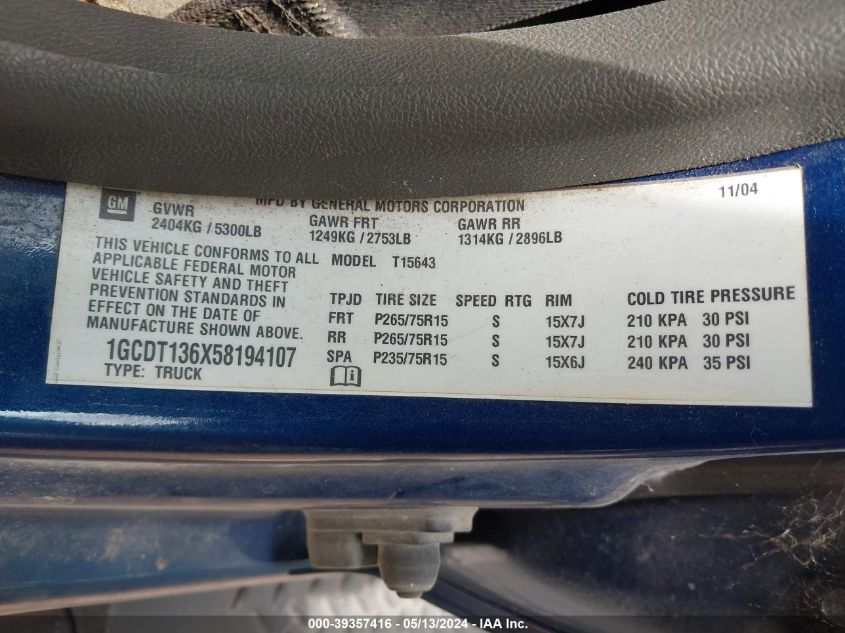 2005 Chevrolet Colorado Ls VIN: 1GCDT136X58194107 Lot: 39357416