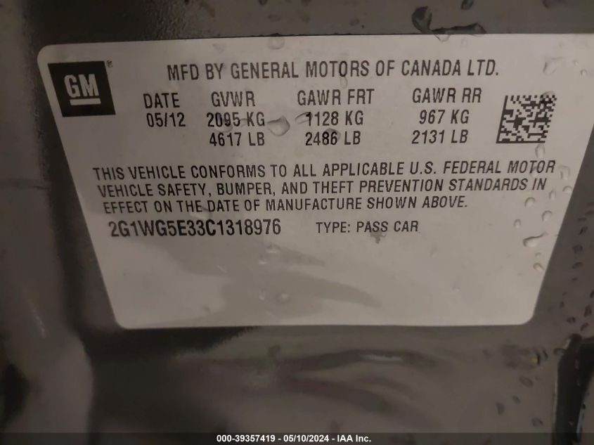 2012 Chevrolet Impala Lt VIN: 2G1WG5E33C1318976 Lot: 39357419