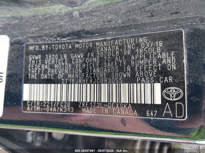2018 TOYOTA COROLLA L/LE/SE/XLE/XSE - 2T1BURHE8JC083055