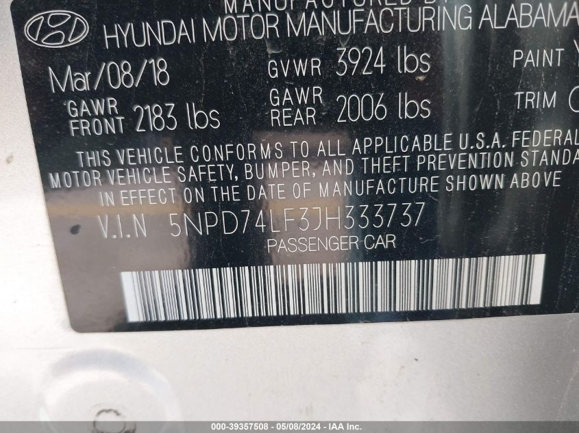 2018 HYUNDAI ELANTRA SE - 5NPD74LF3JH333737