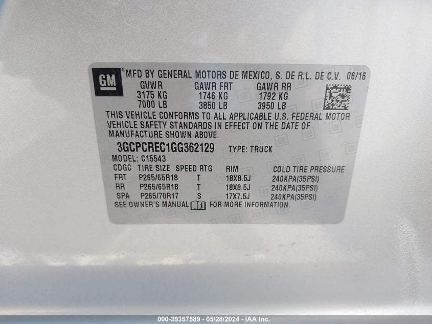 2016 Chevrolet Silverado 1500 1Lt VIN: 3GCPCREC1GG362129 Lot: 39357589