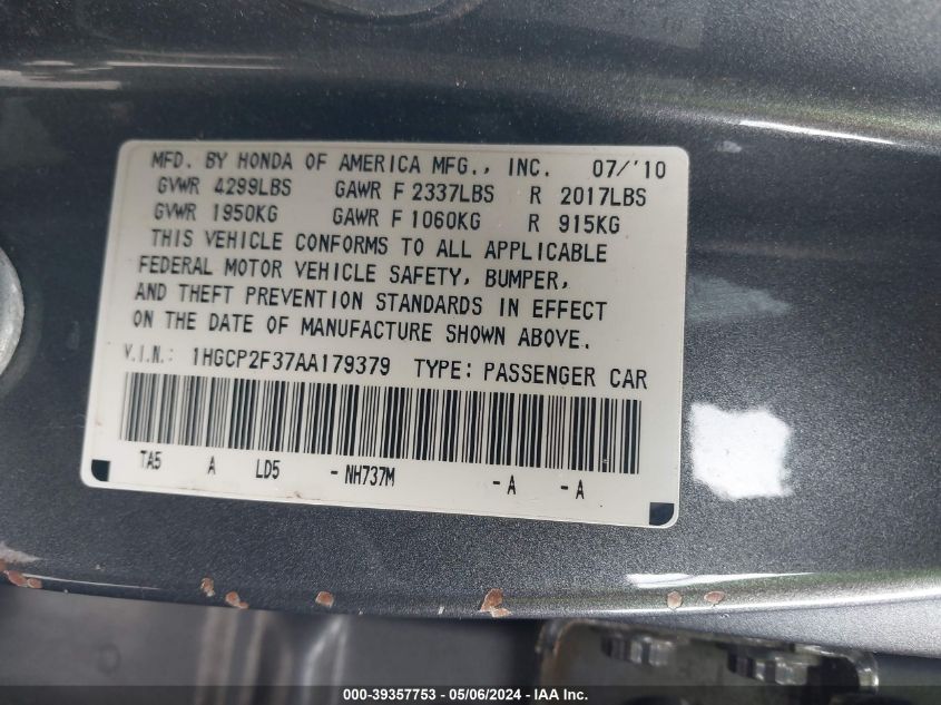 1HGCP2F37AA179379 | 2010 HONDA ACCORD