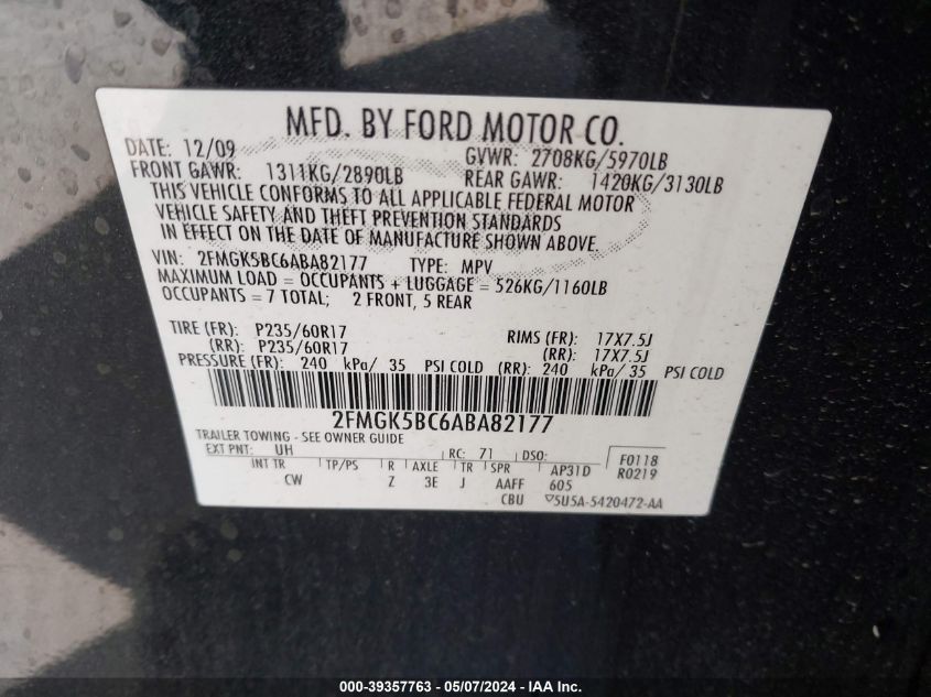 2010 Ford Flex Se VIN: 2FMGK5BC6ABA82177 Lot: 39357763