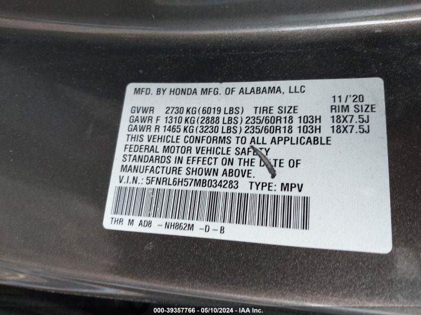 2021 Honda Odyssey Ex VIN: 5FNRL6H57MB034283 Lot: 39357766