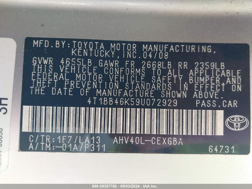 4T1BB46K59U072929 | 2009 TOYOTA CAMRY HYBRID