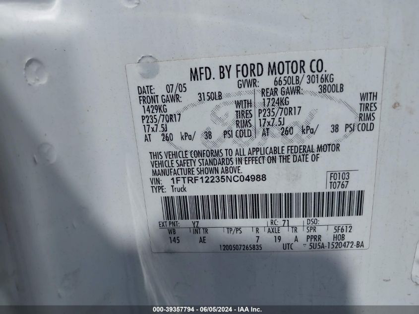 1FTRF12W95NA21632 2005 Ford F-150 Stx/Xl/Xlt