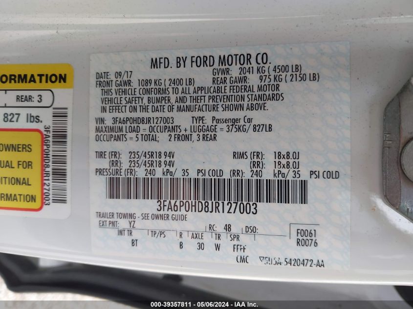 2018 FORD FUSION SE - 3FA6P0HD8JR127003