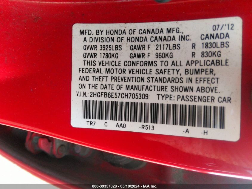 2012 Honda Civic Si VIN: 2HGFB6E57CH705309 Lot: 39357828