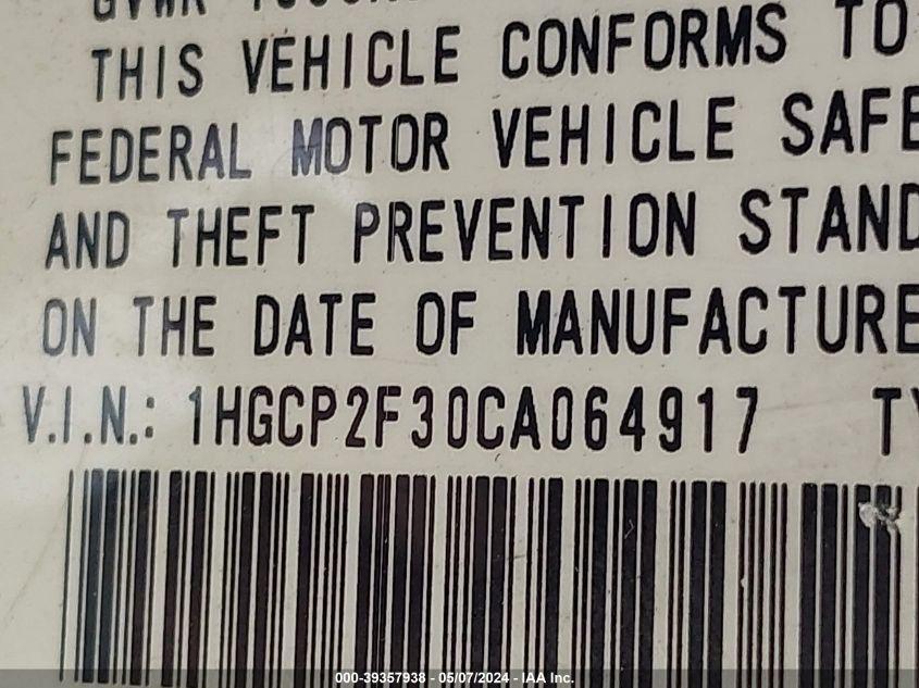 2012 Honda Accord 2.4 Lx VIN: 1HGCP2F30CA064917 Lot: 39357938