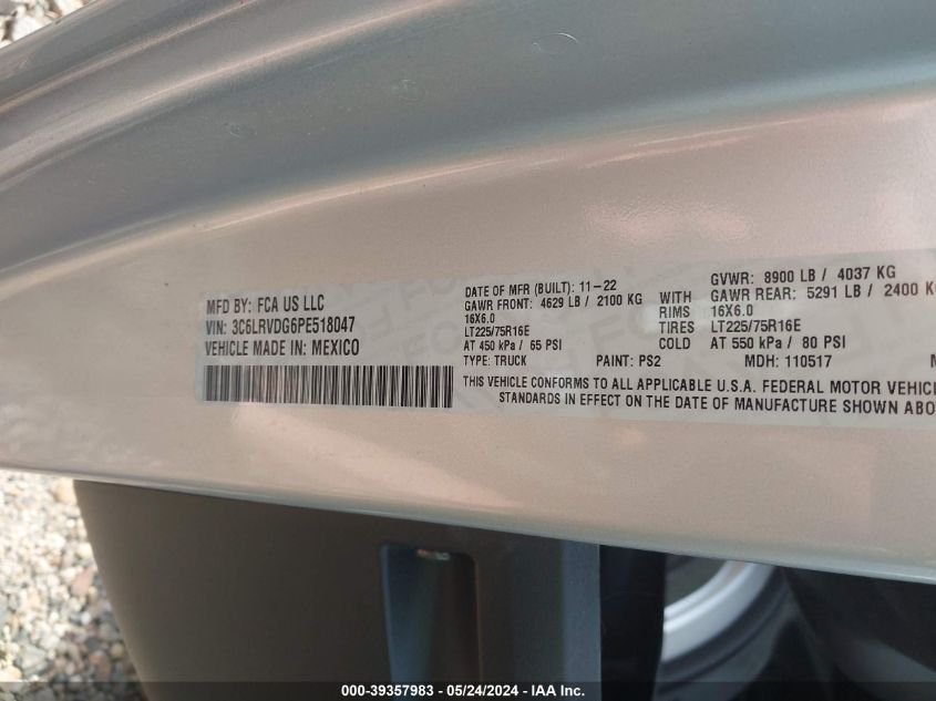 2023 Ram Promaster 2500 High Roof 159 Wb VIN: 3C6LRVDG6PE518047 Lot: 39357983