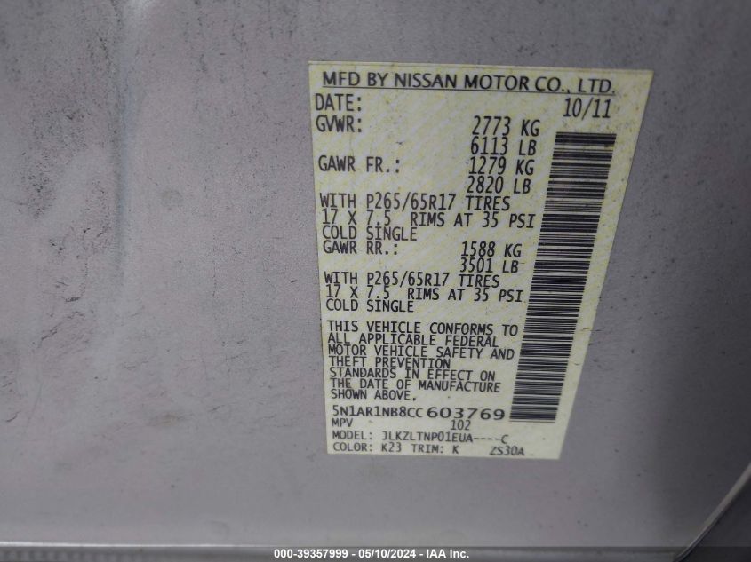 2012 Nissan Pathfinder Sv VIN: 5N1AR1NB8CC603769 Lot: 39357999