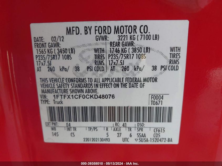 2012 Ford F-150 Xl VIN: 1FTFX1CF0CKD48076 Lot: 39358010