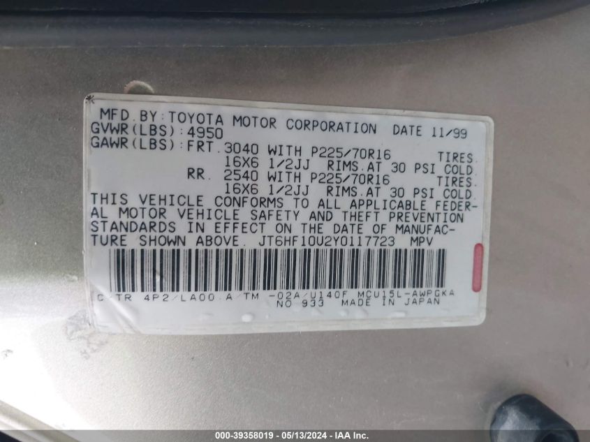 2000 Lexus Rx 300 VIN: JT6HF10U2Y0117723 Lot: 39358019