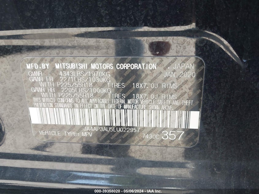 2020 MITSUBISHI OUTLANDER SPORT 2.0 BE/2.0 ES/2.0 SP - JA4AP3AU5LU022957