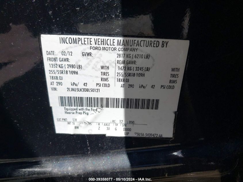 2013 Lincoln Mkt Limo/Hearse VIN: 2LJMJ5LK3DBL50121 Lot: 39358077