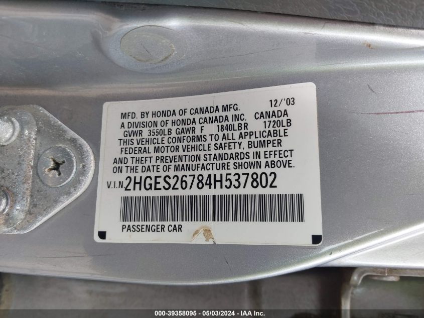 2HGES26784H537802 | 2004 HONDA CIVIC