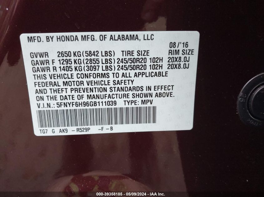 2016 Honda Pilot Touring VIN: 5FNYF6H96GB111039 Lot: 39358185