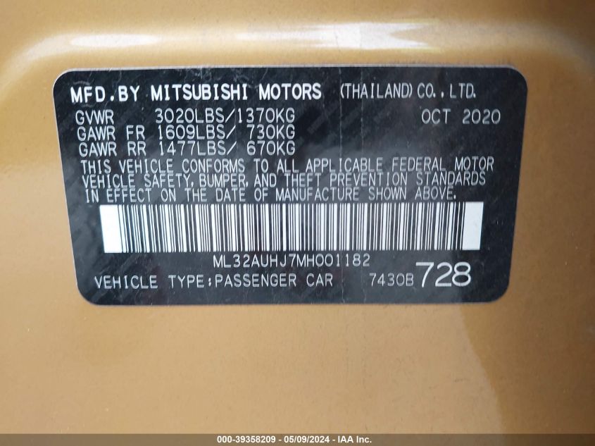 ML32AUHJ7MH001182 2021 Mitsubishi Mirage Carbonite Edition/Es/Le