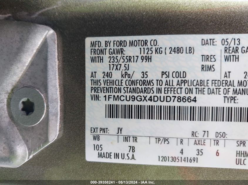 2013 Ford Escape Se VIN: 1FMCU9GX4DUD78664 Lot: 39358241