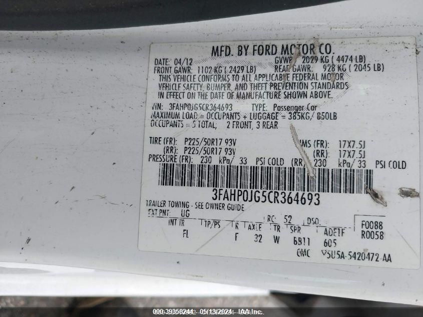 2012 Ford Fusion Sel VIN: 3FAHP0JG5CR364693 Lot: 39358244