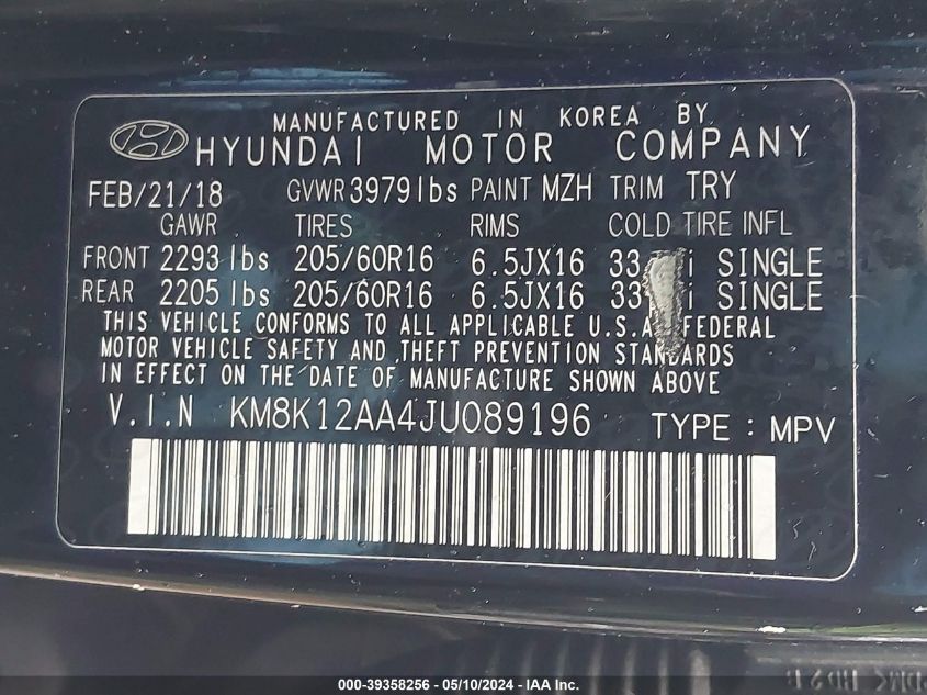 2018 Hyundai Kona Se VIN: KM8K12AA4JU089196 Lot: 39358256