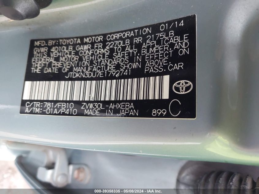 2014 Toyota Prius Five/Four/Three/Two VIN: JTDKN3DU7E1792741 Lot: 39358335