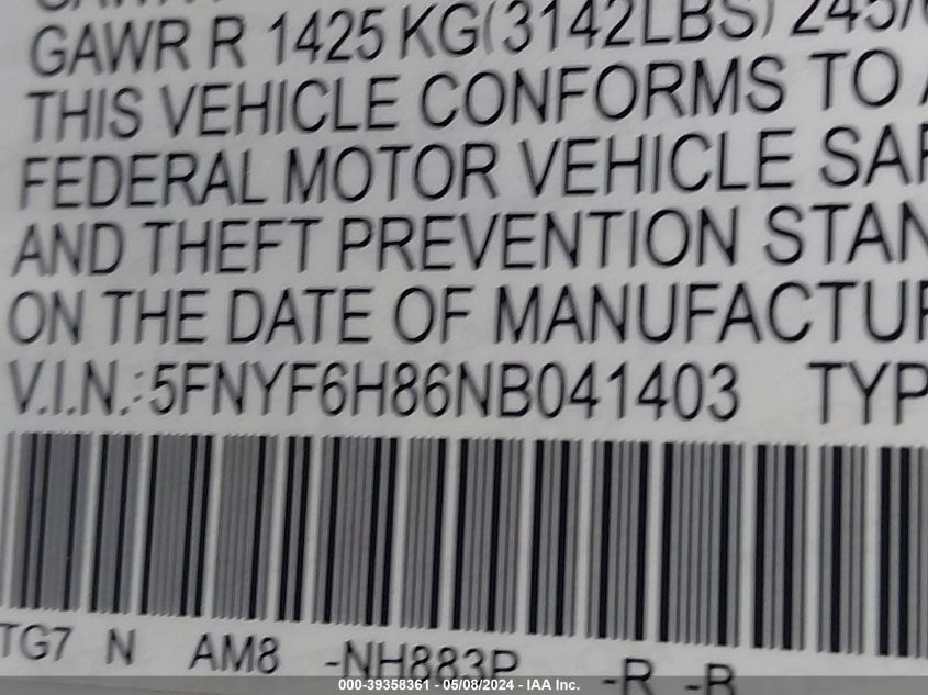 2022 Honda Pilot Awd Trailsport VIN: 5FNYF6H86NB041403 Lot: 39358361