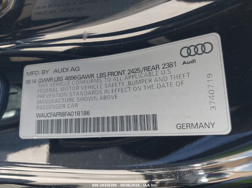 2015 Audi A5 2.0T Premium VIN: WAUCFAFR8FA018186 Lot: 39358390