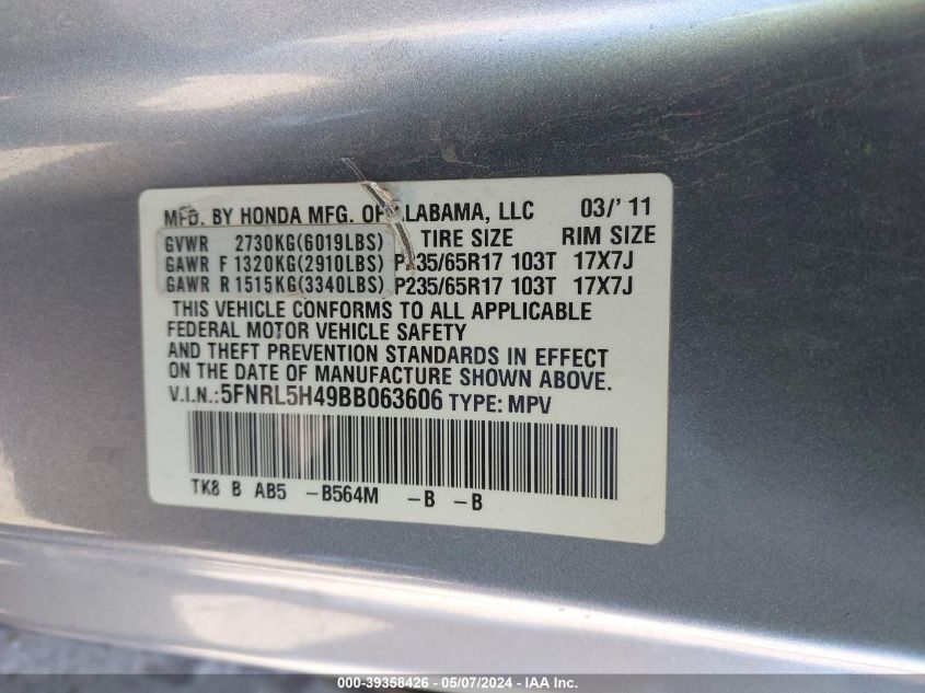 2011 Honda Odyssey Ex VIN: 5FNRL5H49BB063606 Lot: 39358426