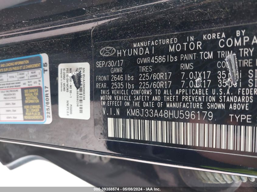 2017 Hyundai Tucson Se VIN: KM8J33A48HU596179 Lot: 39358574