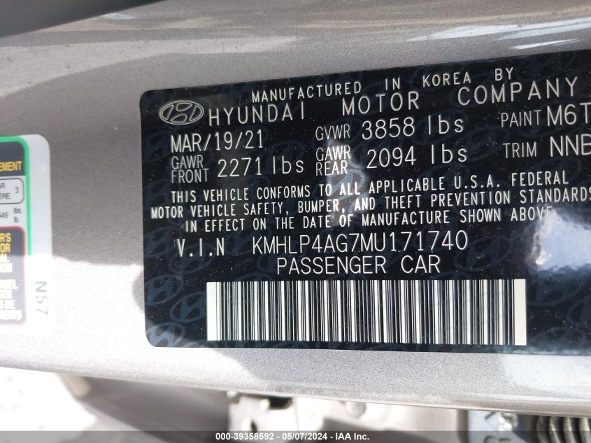 2021 Hyundai Elantra Limited VIN: KMHLP4AG7MU171740 Lot: 39358592