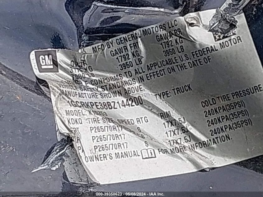 2011 Chevrolet Silverado 1500 Work Truck VIN: 1GCRKPE38BZ144200 Lot: 39358623