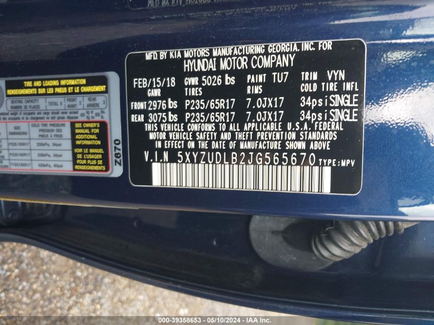 2018 Hyundai Santa Fe Sport 2.4L VIN: 5XYZUDLB2JG565670 Lot: 39358653