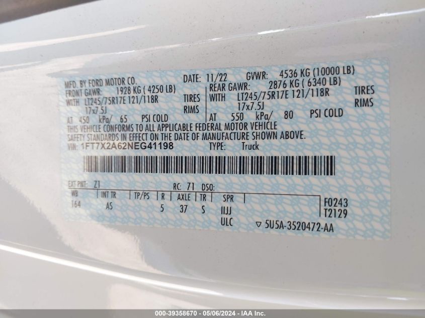 2022 Ford F-250 Xl VIN: 1FT7X2A62NEG41198 Lot: 39358670