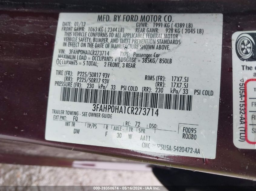 2012 Ford Fusion Se VIN: 3FAHP0HA1CR273714 Lot: 39358674