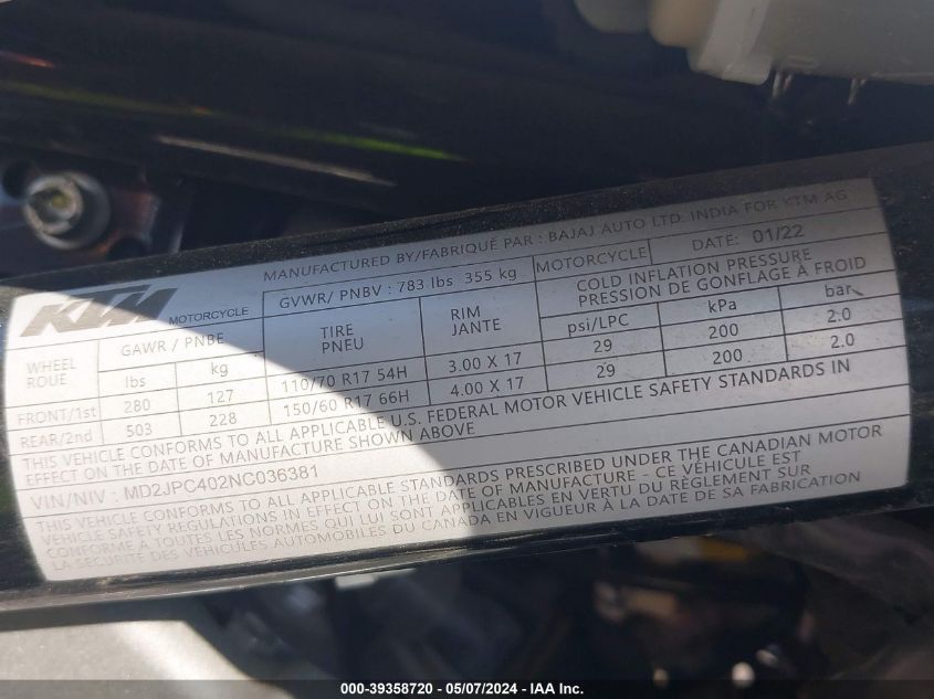 MD2JPC402NC036381 2022 Ktm 200 Duke