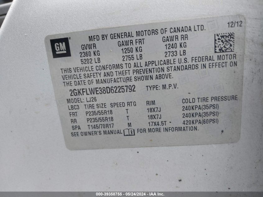 2013 GMC Terrain Slt-2 VIN: 2GKFLWE38D6225792 Lot: 39358755