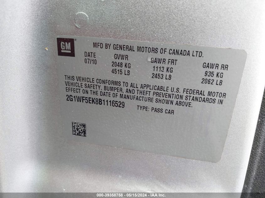 2011 Chevrolet Impala Ls VIN: 2G1WF5EK8B1116529 Lot: 39358758