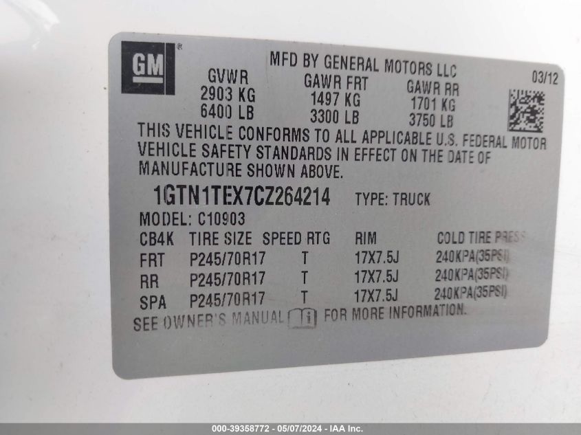 2012 GMC Sierra 1500 Work Truck VIN: 1GTN1TEX7CZ264214 Lot: 39358772