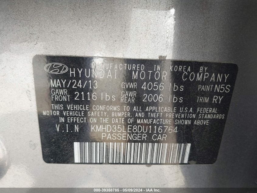 2013 Hyundai Elantra Gt VIN: KMHD35LE8DU116764 Lot: 39358785