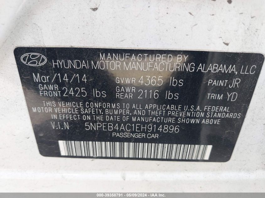 2014 Hyundai Sonata Gls VIN: 5NPEB4AC1EH914896 Lot: 39358791