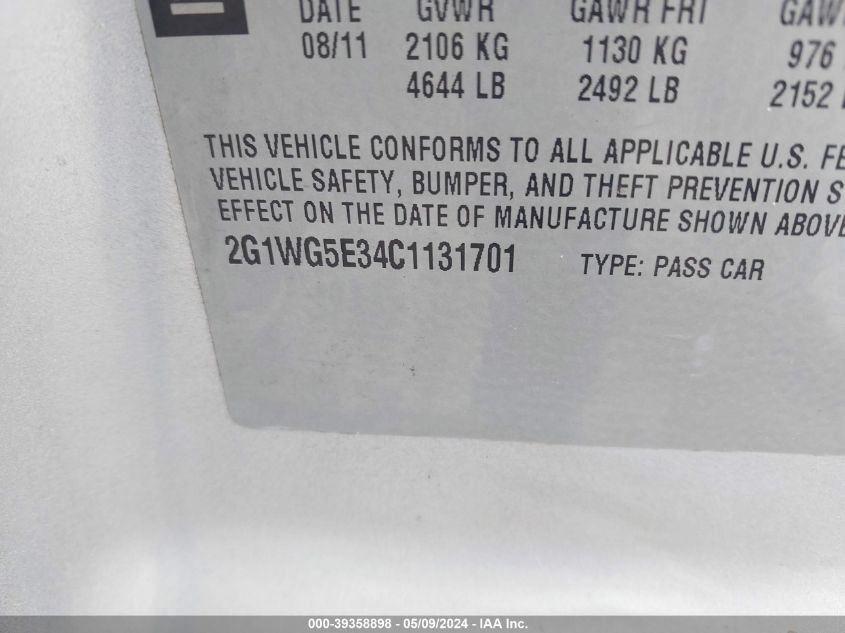 2012 Chevrolet Impala Lt VIN: 2G1WG5E34C1131701 Lot: 39358898