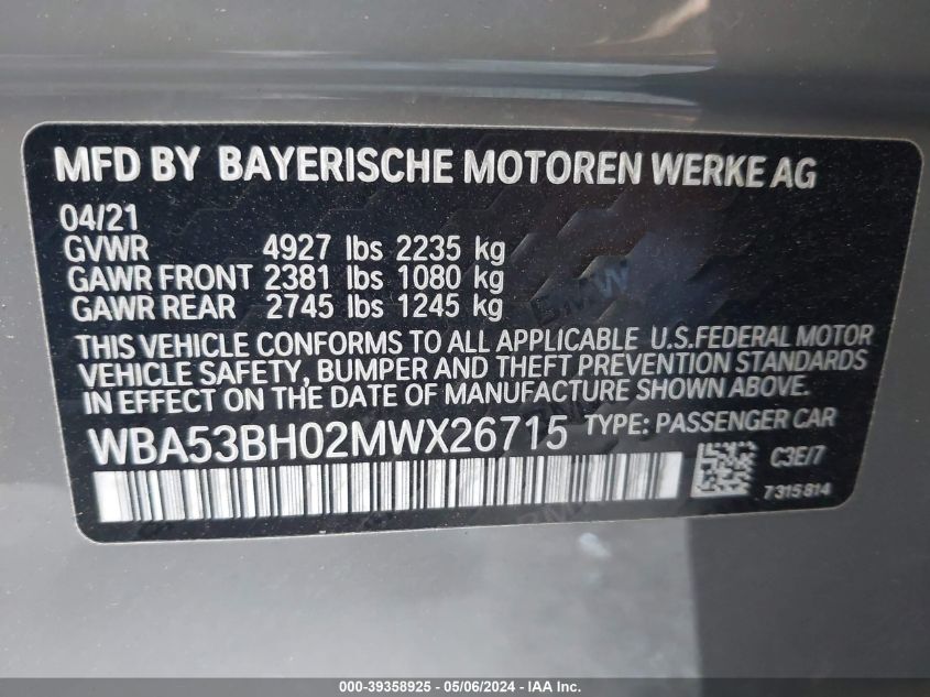 2021 BMW 530I VIN: WBA53BH02MWX26715 Lot: 39358925