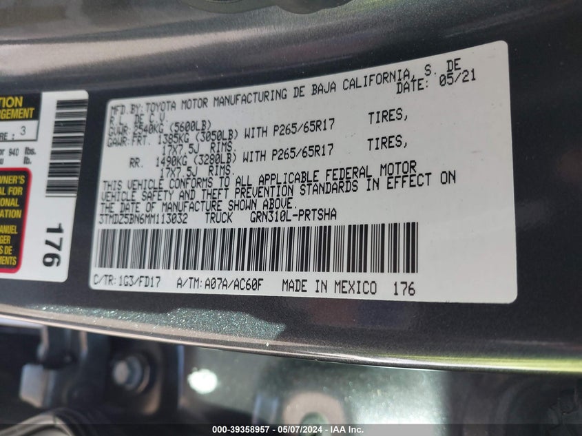 VIN 3TMDZ5BN6MM113032 2021 TOYOTA TACOMA TRD SPORT