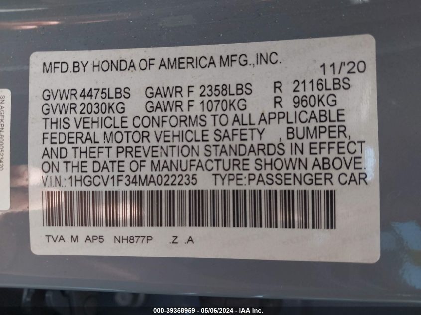 2021 Honda Accord Sport VIN: 1HGCV1F34MA022235 Lot: 39358959